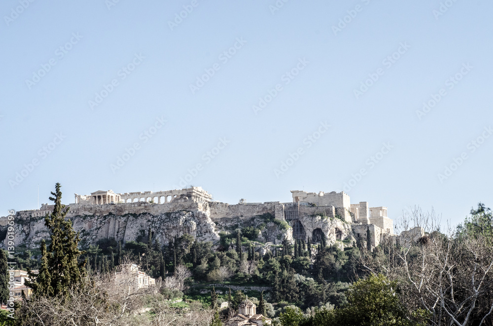 view of the Acropolis walls from afar pedestrian street