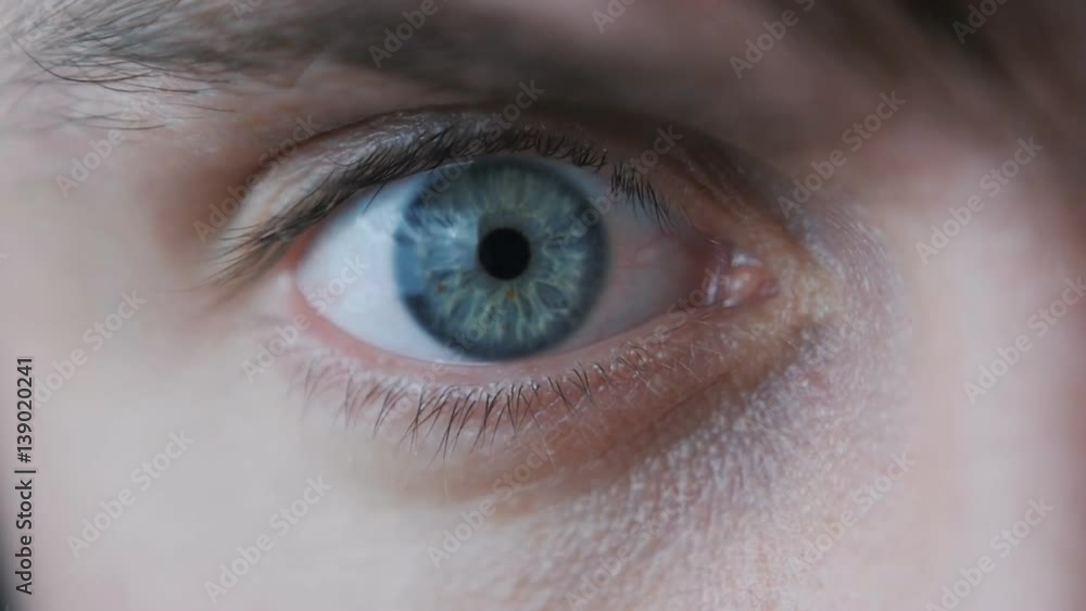 Close-up of a Male's Eye. The pupil narrows in slow motion Close-up of a Male's Eye. The pupil narrows in slow motion