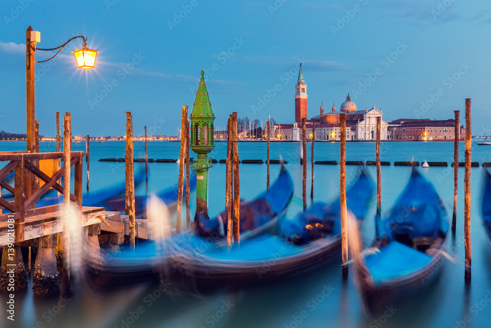 Gondolas in Venice at night