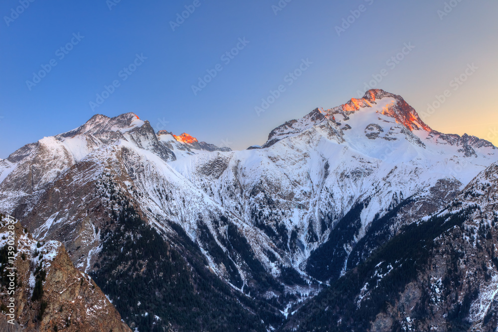 Peaks of French Alps at sunset