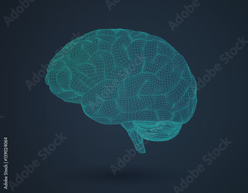 3D wireframe brain in side view on dark BG
