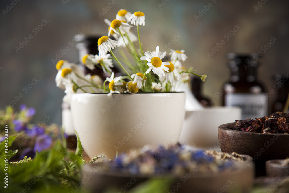 Alternative medicine, dried herbs and mortar on wooden desk background Alternative medicine, dried herbs and mortar on wooden desk background