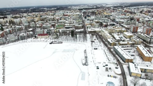 Snow-covered promenade and bay Kaupunginlahti at winter season. City of Lappeenranta, Finland, Europe
 photo