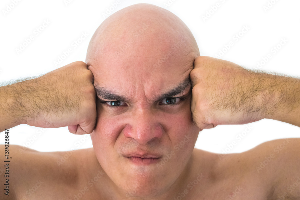 Obraz premium Face of a bald man in white background. Angry man with his hands on his head.