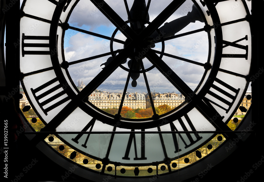 View through giant clock in Musee d' Orsay, Paris, France - obrazy, fototapety, plakaty 