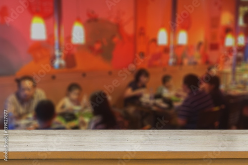  Empty top of wooden table or counter with summer landscape blue sky clouds Vibrantly colorful background. For product display,can be used for montage or display your products © Have a nice day 