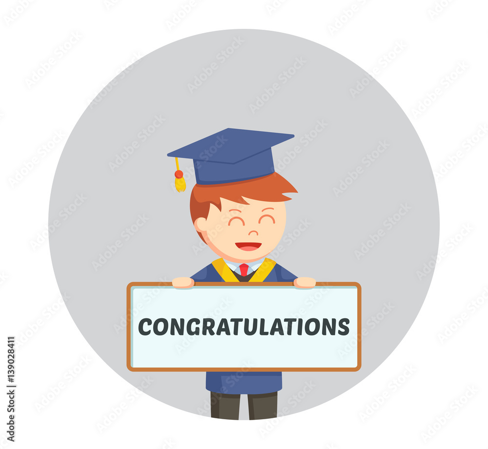 graduate male student with congratulations sign in circle background