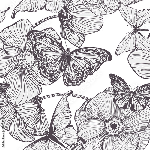 Wallpaper Mural Seamless pattern with collection of different butterflies for summer and spring design, vintage, boho. Handdrawn separated editable elements, Vector illustration. Torontodigital.ca