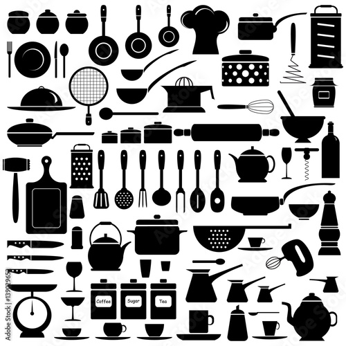 Kitchen tools, set, silhouette, isolated on white background, vector illustration.
