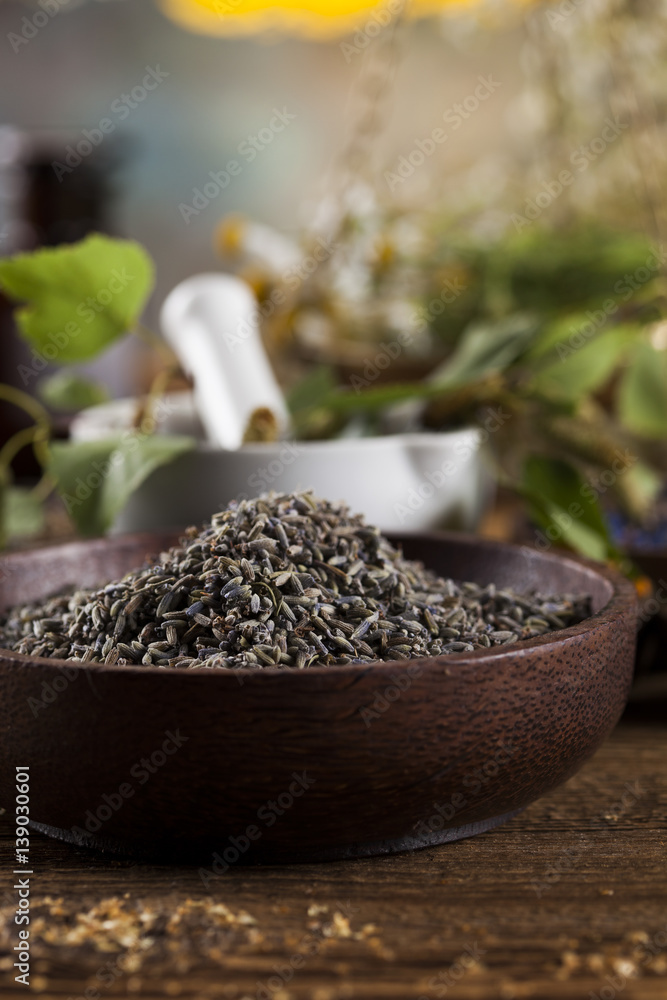 Assorted natural medical herbs and mortar on wooden table background Assorted natural medical herbs and mortar on wooden table background