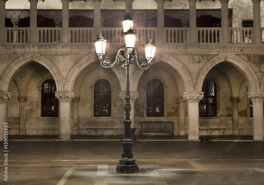 Lamp at night, Doge Palace, Venice, Italy