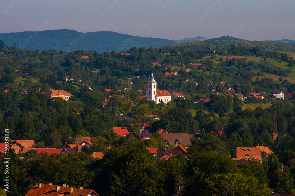 rural landscape with houses in Transylvania, Romania