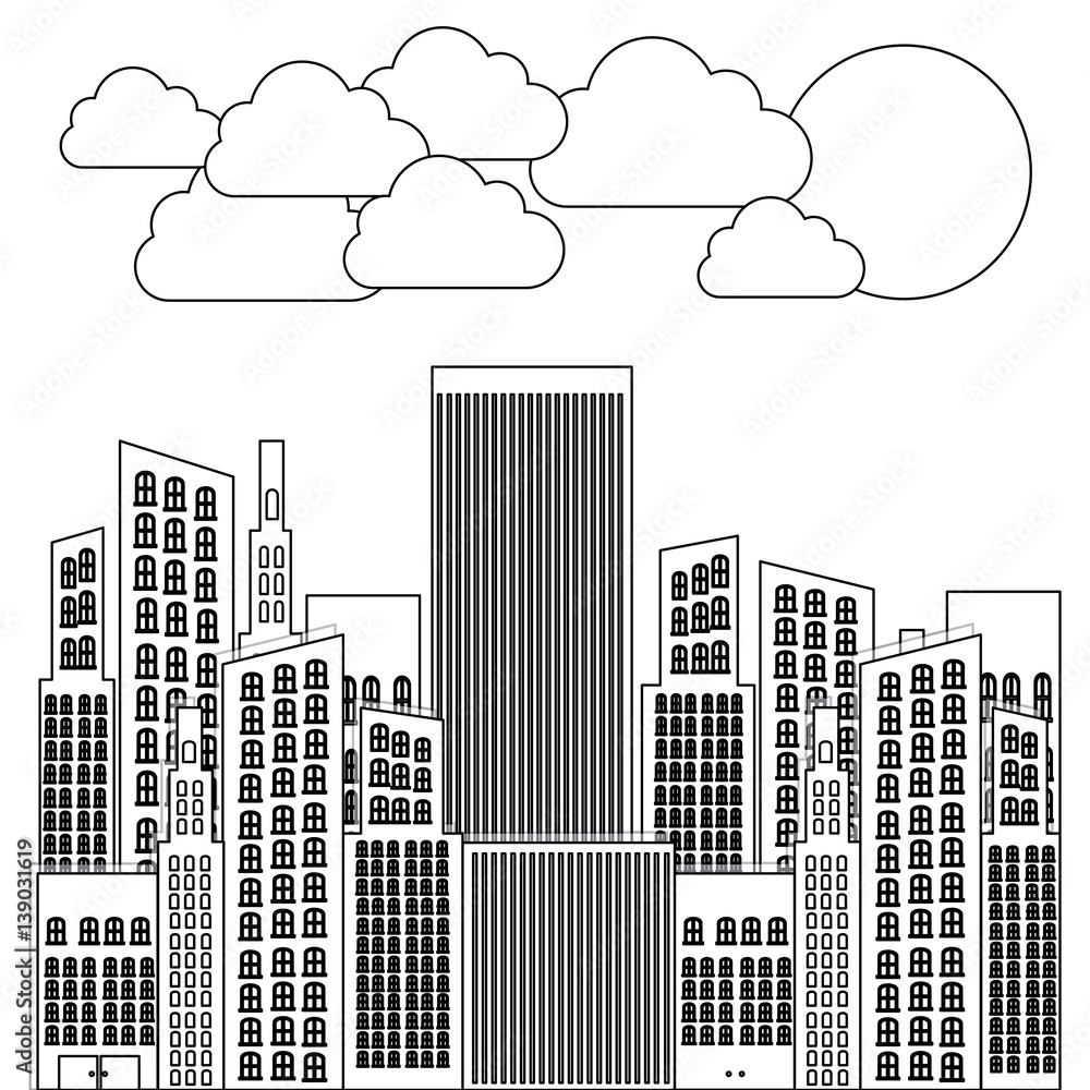 figure city builds with clouds and sun, vector illustraction design