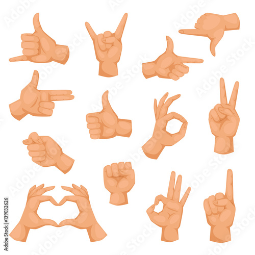 Hands showing deaf-mute different gestures isolated on white human arm hold collection communication and direction design fist touch vector illusstration.