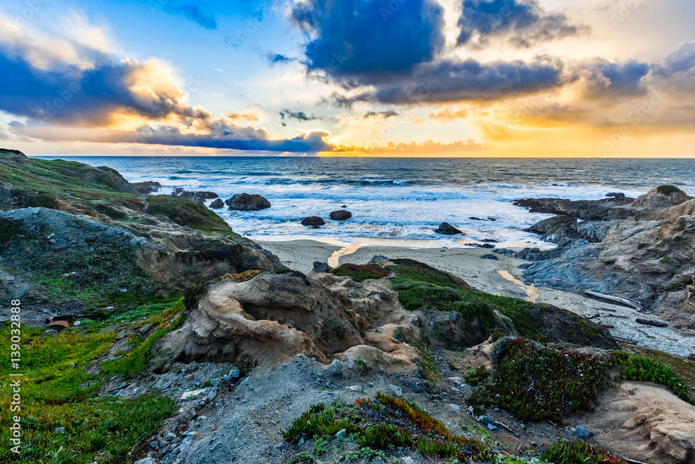 Sunset on the Pacific Ocean at Bodega Bay, California.
