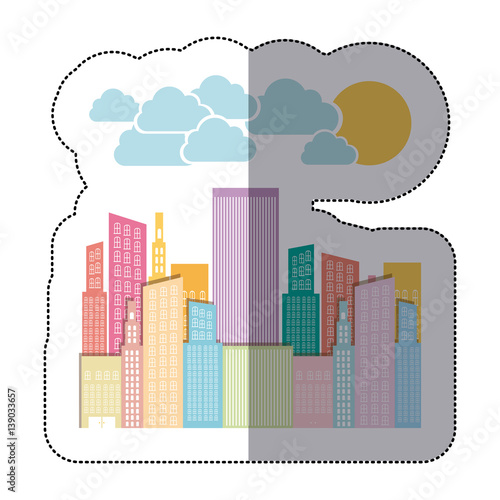 colorful city builds with clouds and sun  vector illustraction design