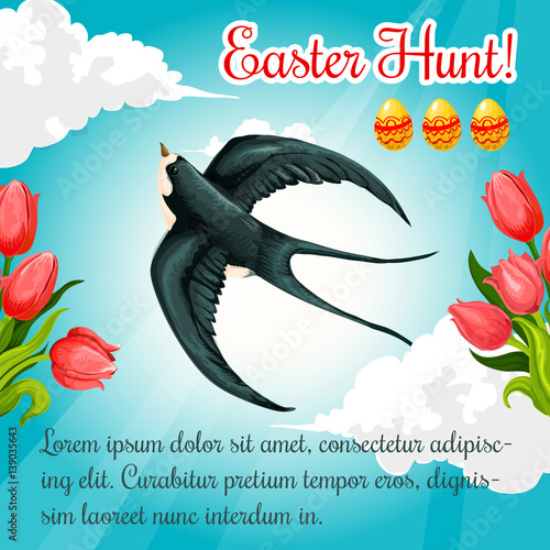Easter poster swallow, paschal eggs vector flowers