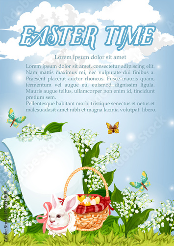 Easter paschal bunny and eggs basket vector poster