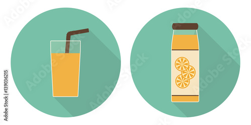 Flat vector orange juice glass and orange juice bottle