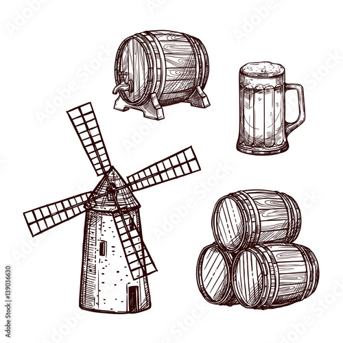 Tablou canvas Beer barrel, glass and windmill sketch set