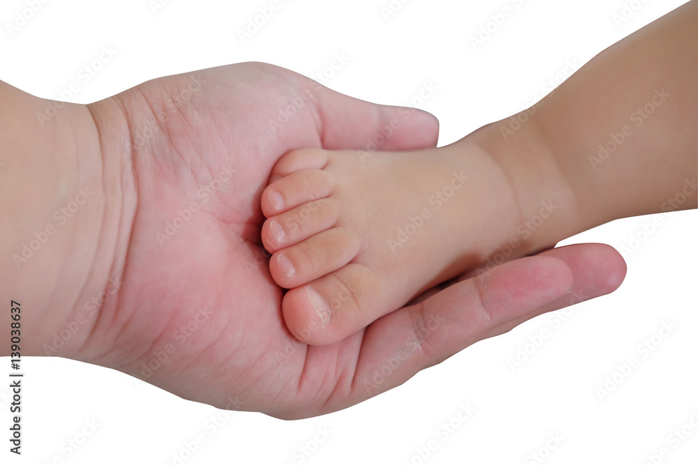 concept of love and family. hands of father and baby closeup.Baby foot in hands isolated on white. concept of love and family. hands of father and baby closeup.Baby foot in hands isolated on white.