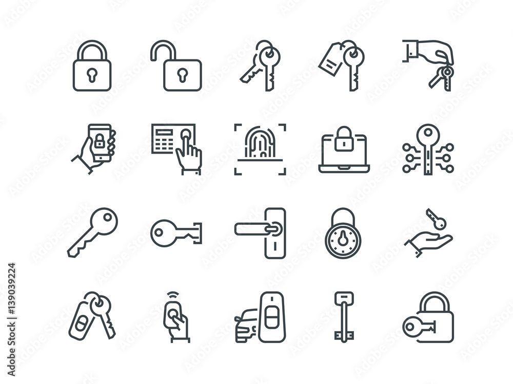 Keys and Locks. Set of outline vector icons. Includes such as Car Keys, Fingerprint and other. Editable Stroke. 48x48 Pixel Perfect. Keys and Locks. Set of outline vector icons. Includes such as Car Keys, Fingerprint and other. Editable Stroke. 48x48 Pixel Perfect.