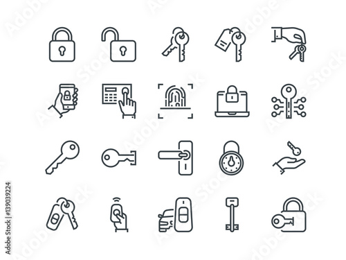 Keys and Locks. Set of outline vector icons. Includes such as Car Keys, Fingerprint and other. Editable Stroke. 48x48 Pixel Perfect.