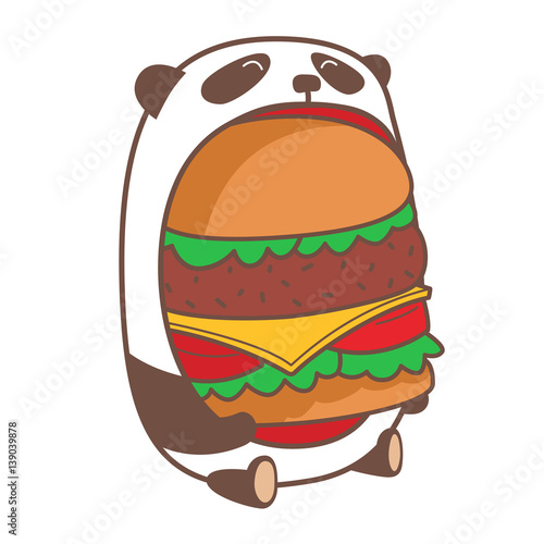 Hungry kawaii panda eating huge burger. Vector illustration.