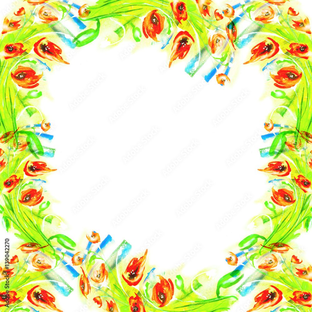 Watercolor frame of a floral, floral pattern, drawn in hand-made graphics. Card, greeting card. Red and green color