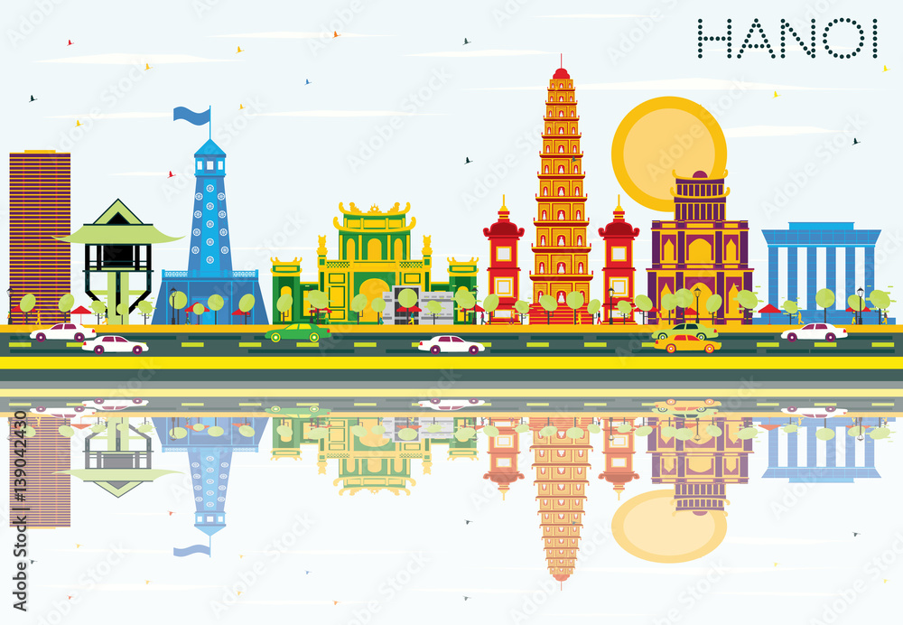 Hanoi Skyline with Color Buildings, Blue Sky and Reflections.