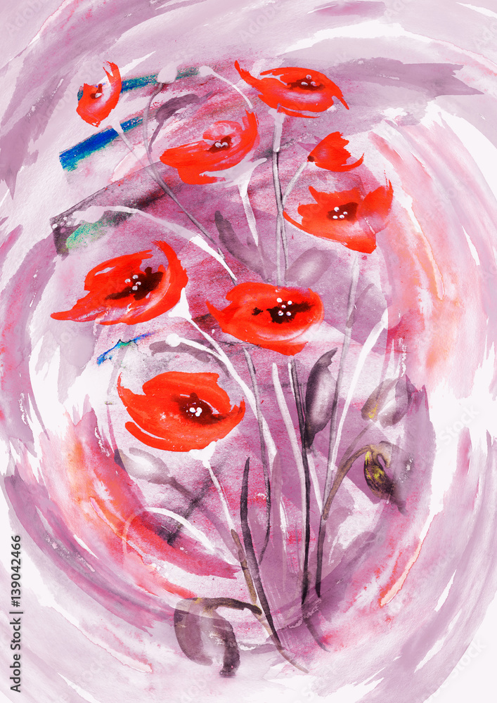 Obraz Bukiet czerwonych kwiatów w akwareli. Piękna karta moda