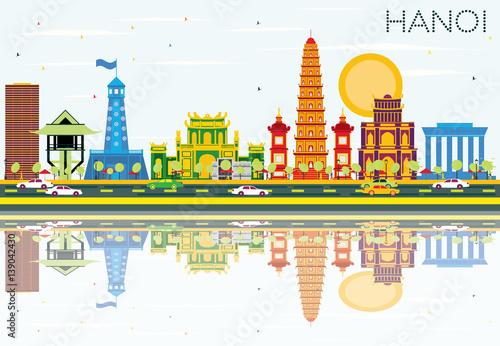 Hanoi Skyline with Color Buildings, Blue Sky and Reflections.