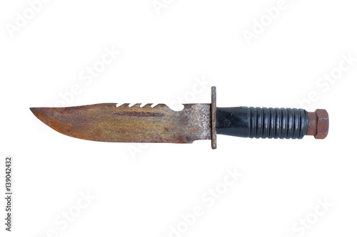 Fotografia Old knife with black rubber handle isolated on a white background