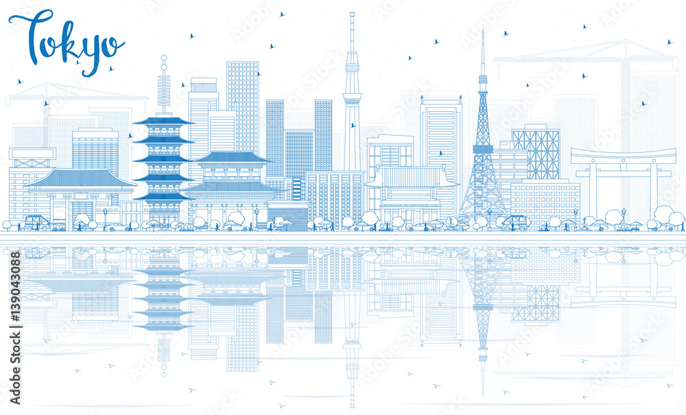 Outline Tokyo Skyline with Blue Buildings and Reflections.