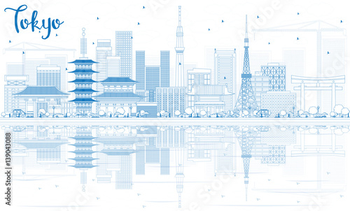 Outline Tokyo Skyline with Blue Buildings and Reflections.