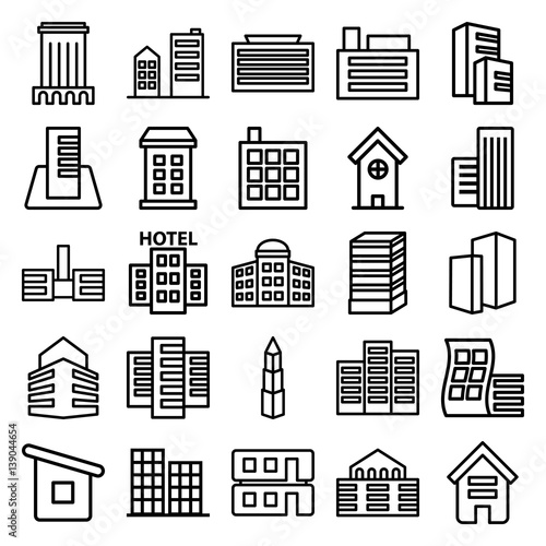 Set of 25 skyscraper outline icons