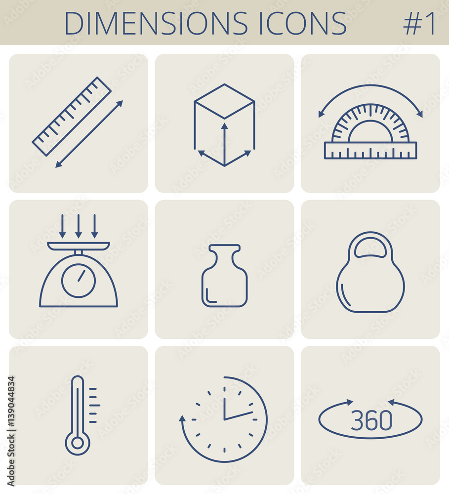 Dimensions and measure outline icons weight, height, width, depth, length, angle, time