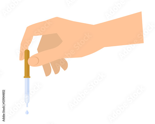 Hand with pipette. Doctor drips vaccine. Medicine, science and health care flat concept illustration of dropper and liquid drop. Medical, laboratory equipment, accessory isolated on white background.