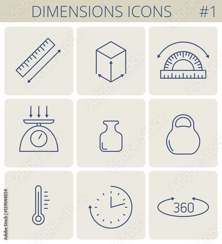 Dimensions and measure outline icons: weight, height, width, depth, length, angle, time, temperature. Vector thin line measurement symbol set. Isolated infographic elements for web, social network.