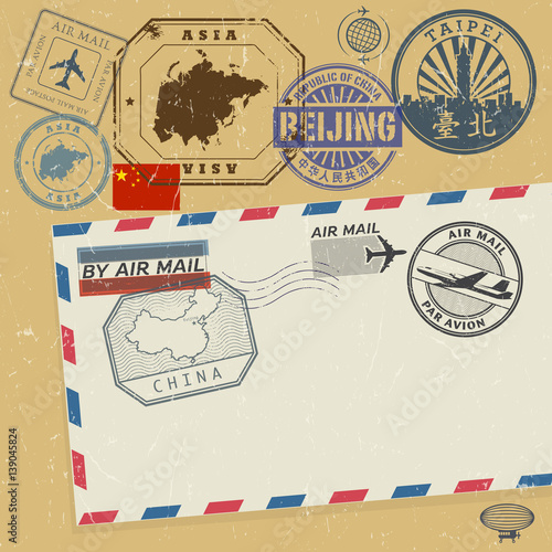 Travel stamps set with the text Asia, China