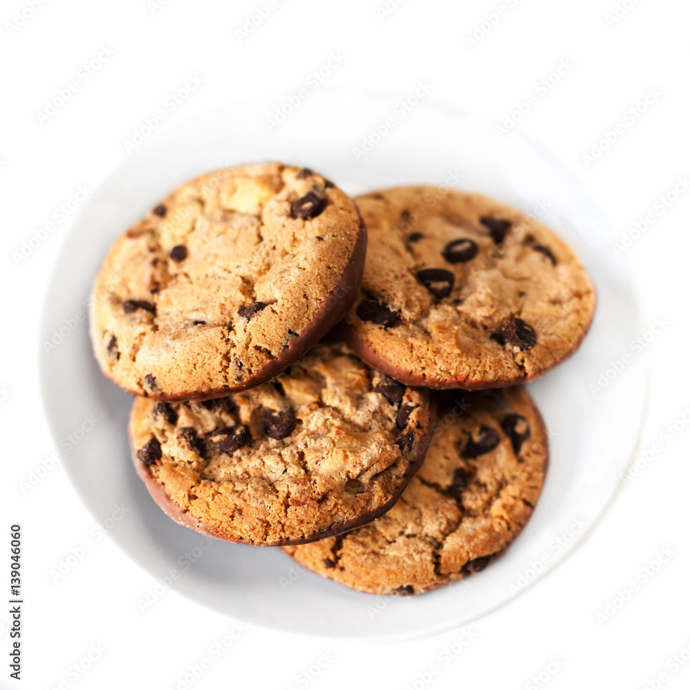Chocolate chip cookie isolated on white background. Closeup of a group of assorted cookies.. Chocolate chip cookie isolated on white background. Closeup of a group of assorted cookies..