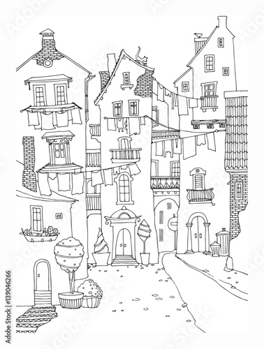 Wallpaper Mural Hand drawn houses with windows, laundry, street Torontodigital.ca