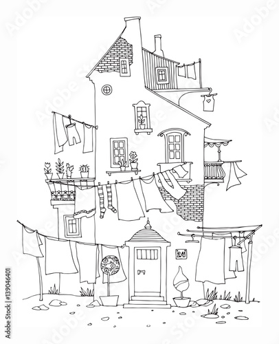 Hand drawn houses with windows, laundry, street