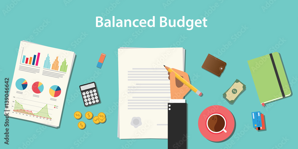balanced budget illustration with businessman working on paper document with graph money chart paperwork - obrazy, fototapety, plakaty 