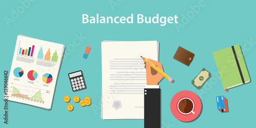 balanced budget illustration with businessman working on paper document with graph money chart paperwork