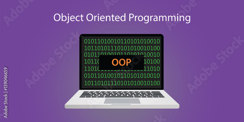oop object oriented programming concept illustration with laptop or notebook and programming code with binary sign 0 and 1
