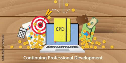 cpd continuing professional development with laptop goals target chart and money falling from sky