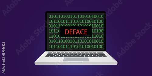 deface website hacking concept illustration with laptop or notebook and programming code with binary sign 0 and 1