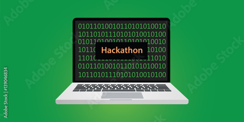 hackathon concept illustration with laptop and text on screen with binary code 0 and 1 programming