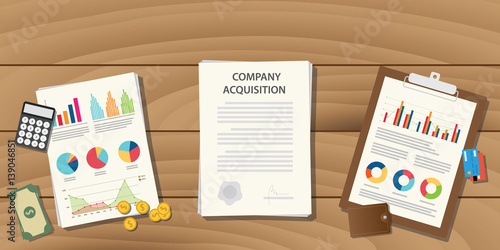 company acquisition concept illustration with paperwork document on table with graph and chart money calculator and business things